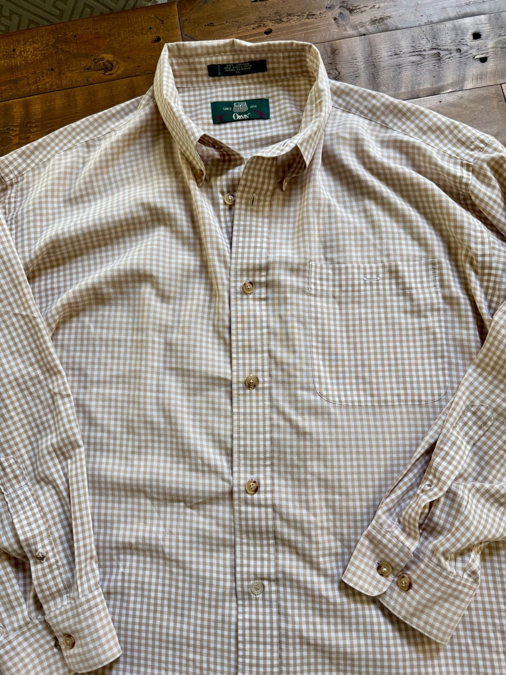 Vintage Orvis Green Label Men's Tan and White Gingham Button-Down Shirt XL